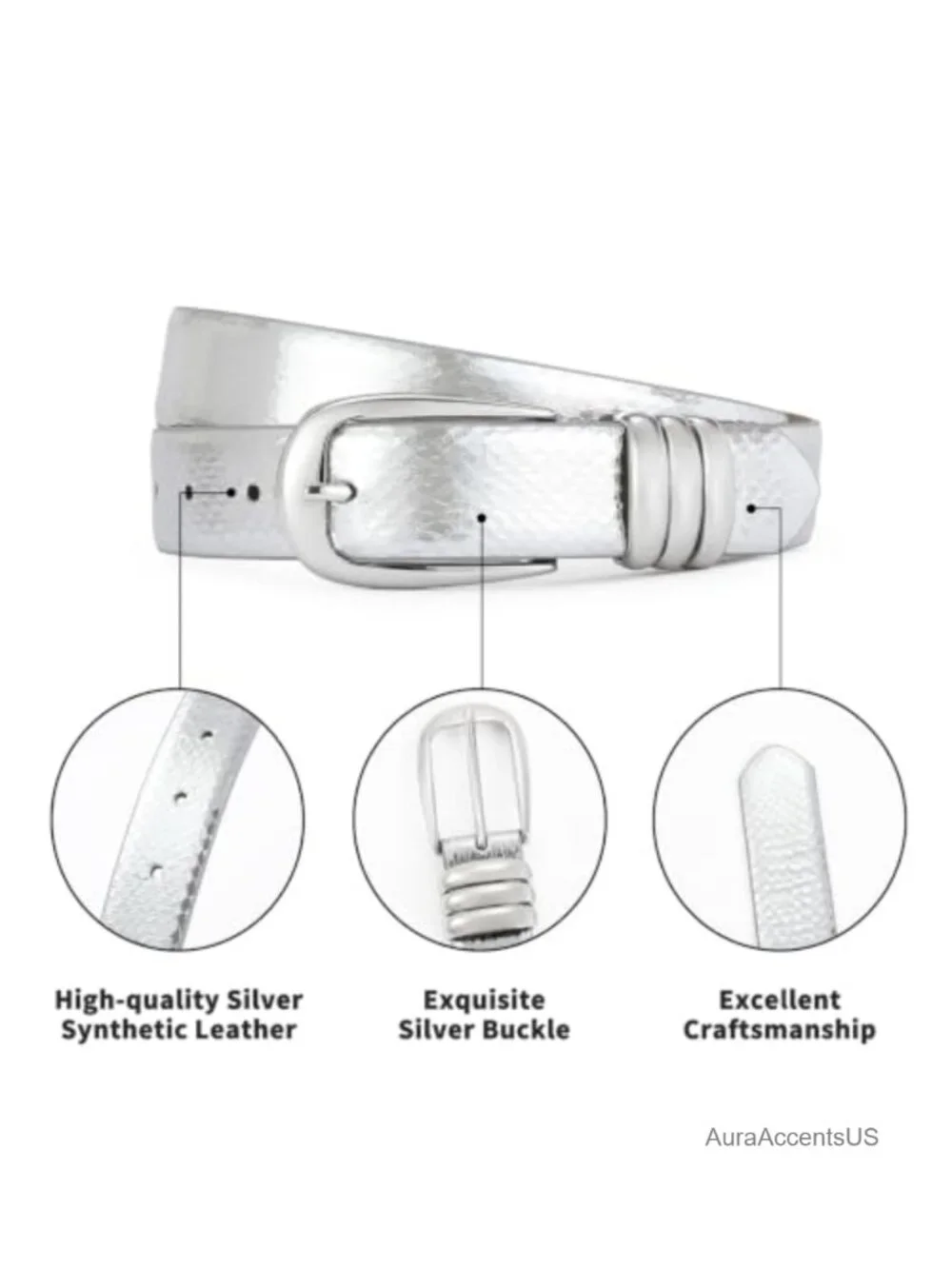 Silver Snake Print Womens Belt with Silver-Tone Buckle Medium Width